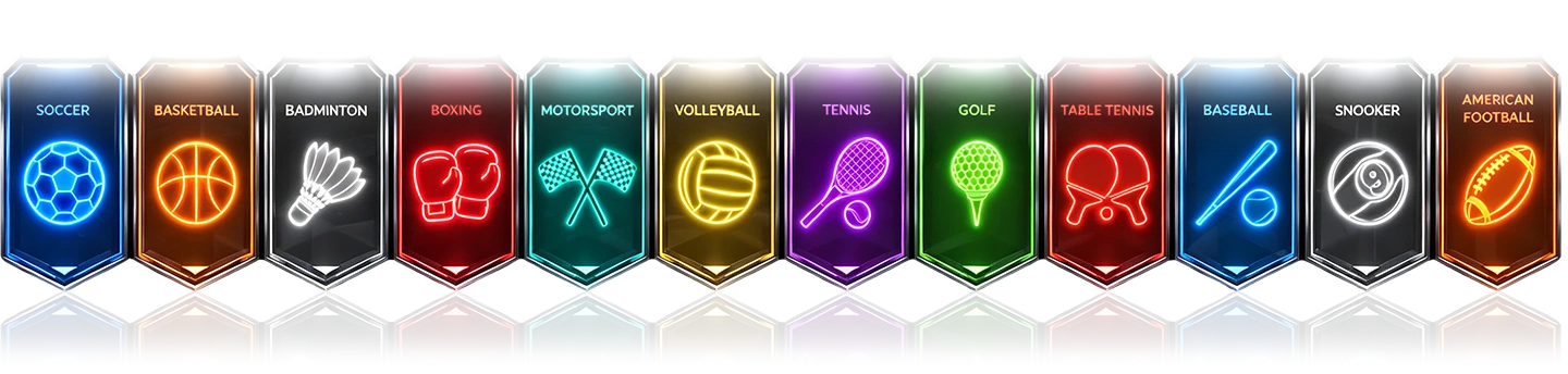 Soccer, Basketball, Badminton, Boxing, Motorsport, Volleyball, Tennis, Golf, Table Tennis, Baseball, Snooker and American Football